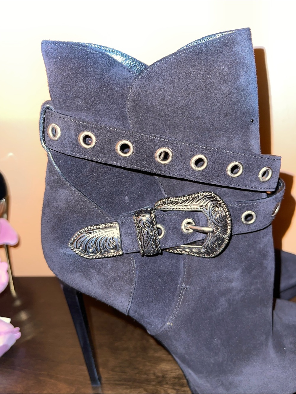 YSL Women’s Pointed-Toe Suede Ankle Boots in Navy - Picture 3 of 6